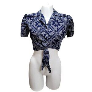 Vintage Bandana Cropped Tie-Front Blouse Short Sleeve L Blue